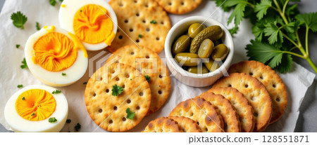 Savory snack flatlay with boiled egg, pickles, sourdough crackers, and fresh herbs on paper sheet 128551871
