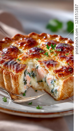 Savory salmon pie with flaky golden crust, spinach, and lemon cream filling, sliced open on rustic plate, homemade gourmet food styling, cozy natural light and earthy tones 128551887