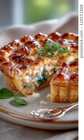 Savory salmon pie with flaky golden crust, spinach, and lemon cream filling, sliced open on rustic plate, homemade gourmet food styling, cozy natural light and earthy tones 128551888