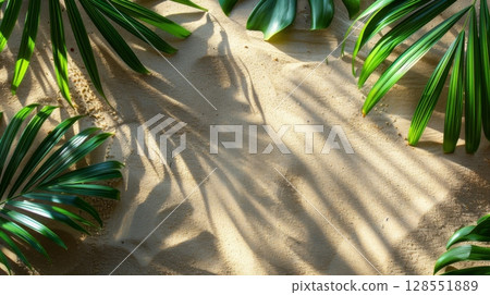 Tropical palm leaves cast elegant shadows on sunlit sand, evoking beach vacation vibes with natural textures and warm coastal atmosphere 128551889