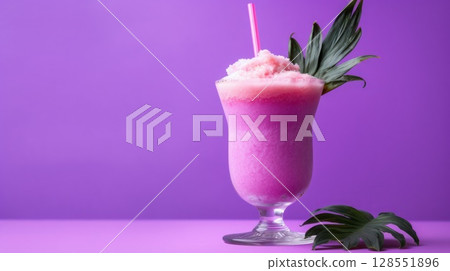 Bright pink tropical smoothie with ice and a straw stands out against a purple backdrop, styled with bold leaves for a fun summer drink concept 128551896