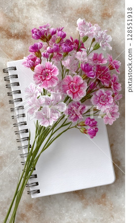 Flat lay of a white notebook and soft flowers on marble background with copy space, ideal for mockups, wedding stationery, or romantic themes. 128551918