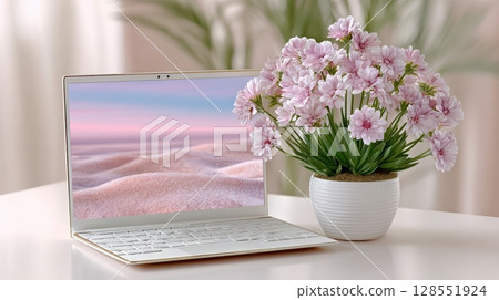 High-resolution laptop on white table with pink sand dunes on screen, pastel background, white potted plant, minimalist product photography in cute style 128551924