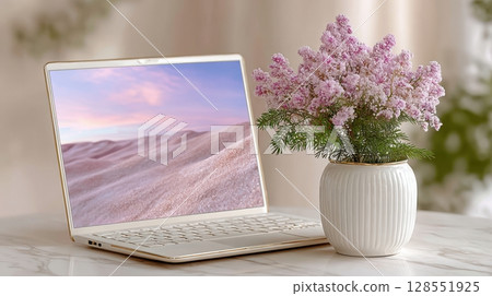 Laptop setup on a white surface with pastel sand dunes display and side plant. A clean, high-quality image for mockups, tech ads, or lifestyle content. 128551925