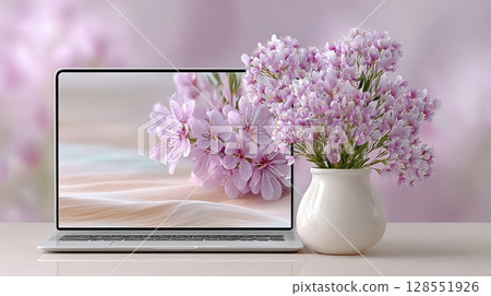 Laptop setup on a white surface with pastel sand dunes display and side plant. A clean, high-quality image for mockups, tech ads, or lifestyle content. 128551926