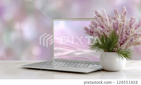Minimalist workspace featuring a laptop with pink dunes background and a potted plant, captured in soft light. Perfect for branding and digital design. 128551928