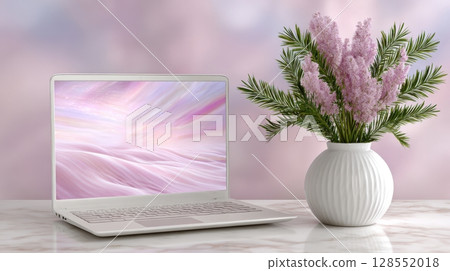 Laptop with pink sand dunes on screen and a white potted plant on a white table, set against a pastel background. Cute, minimal and high-resolution for product photography. 128552018