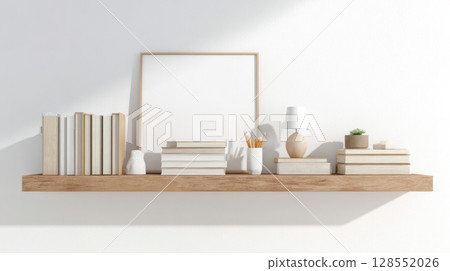 Wooden shelf with books, stationery, and lamp set against a white wall, with a poster frame mock-up ideal for modern home office decor. 128552026