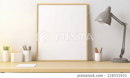 Interior mockup with a wooden shelf and lamp, styled for clean poster presentation. Natural light and soft tones create a calming workspace scene. 128552031