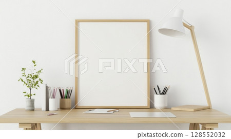 Interior mockup with a wooden shelf and lamp, styled for clean poster presentation. Natural light and soft tones create a calming workspace scene. 128552032