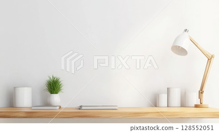 Modern interior shelf scene with desk lamp and book against a white wall, perfect as a poster or artwork mockup. 128552051