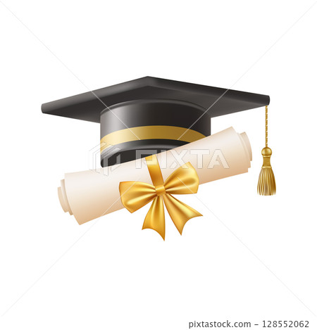 3d diploma scroll with graduate hat. Vintage roll paper 128552062