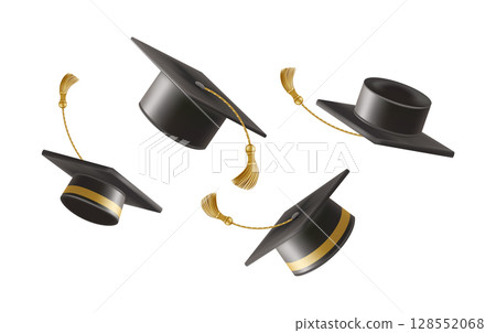 Graduates celebration. 3D Flying black graduate hat 128552068