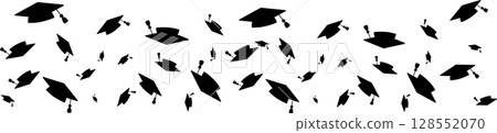 Graduates celebration. Flying black graduate hat border Graduates celebration. Flying black graduate hat border 128552070