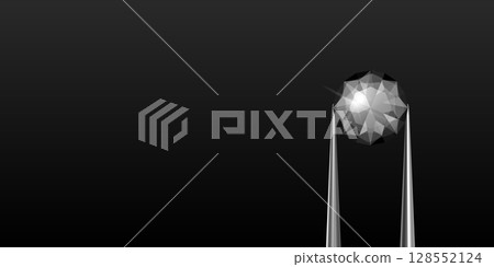 Vector Horizontal Banner with 3d Realistic Diamond in Tweezers on Black Background. Realistic Glossy Diamond and Precise Cut Vector Illustration. Jewelry Design, Luxury Branding 128552124