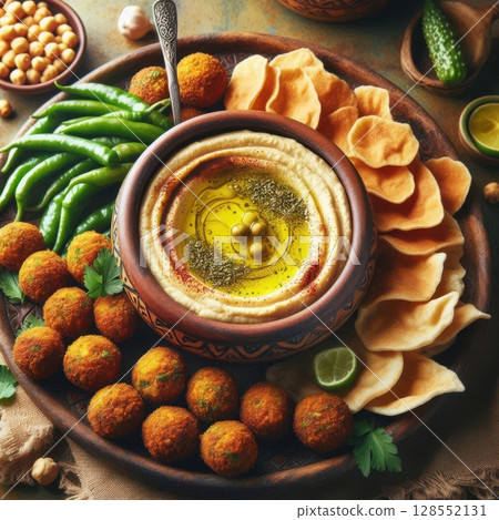 Authentic Arabic morning table with falafel, hummus, and soft bread, captured in warm tones and styled for food photography or editorial use. 128552131