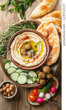 Authentic Arabic morning table with falafel, hummus, and soft bread, captured in warm tones and styled for food photography or editorial use. 128552137