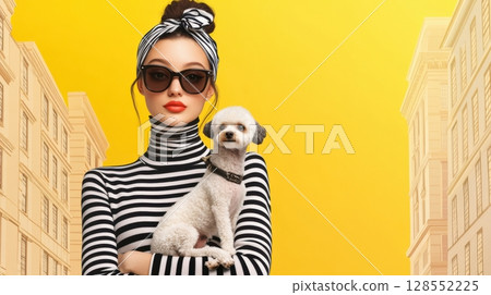 Stylish woman in striped sweater holding a poodle in front of NYC skyline, digital art with bold yellow background and fashion-forward minimalism. Stylish woman in striped sweater holding a poodle in front of NYC skyline, digital art with bold yellow background and fashion-forward minimalism. 128552225