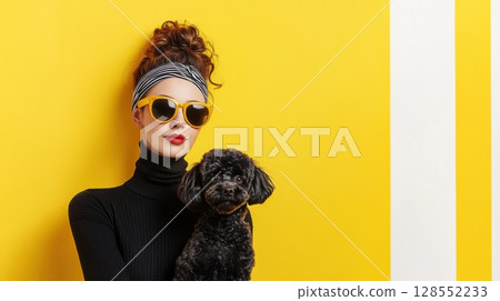 Hyper-realistic fashion portrait of a stylish woman with a poodle against a surreal yellow-and-white New York City backdrop, inspired by modern art and editorial design. 128552233