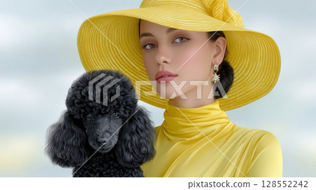 Futuristic fashion portrait of a stylish woman with a black poodle, wearing sunglasses and a black turtleneck in NYC, with bold yellow and white striped background. 128552242