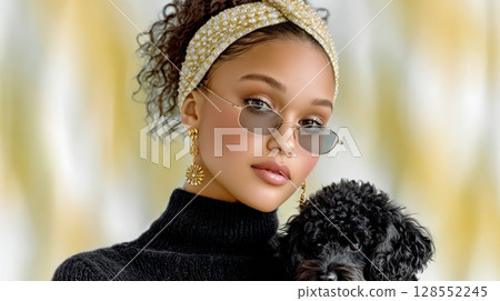 Elegant street fashion scene with black and gold details, featuring a woman and dog against a bold striped cityscape in vibrant op art design. 128552245