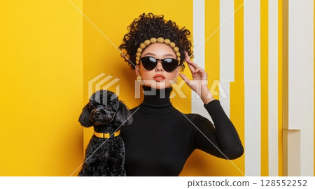 Fashionable woman with black poodle in front of New York striped buildings, wearing black turtleneck, sunglasses, and gold jewelry on yellow background, op art minimalism Fashionable woman with black poodle in front of New York striped buildings, wearing black turtleneck, sunglasses, and gold jewelry on yellow background, op art minimalism 128552252