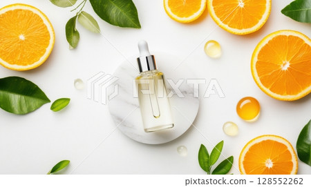 Editorial flat lay of a bright, clean skincare setup with citrus elements and fresh textures, emphasizing purity and modern natural beauty. Editorial flat lay of a bright, clean skincare setup with citrus elements and fresh textures, emphasizing purity and modern natural beauty. 128552262