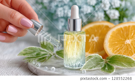 Flat lay of skincare serum bottle with citrus slices, green leaves, and gel drops on a white textured background in spa-inspired beauty scene Flat lay of skincare serum bottle with citrus slices, green leaves, and gel drops on a white textured background in spa-inspired beauty scene 128552268