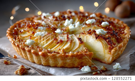 Autumn-inspired pie featuring fanned pear slices and creamy goat cheese on golden pastry, evoking cozy, homemade charm. Autumn-inspired pie featuring fanned pear slices and creamy goat cheese on golden pastry, evoking cozy, homemade charm. 128552271