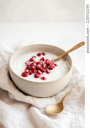 Soft neutral food composition with coconut milk and gently desaturated pomegranate seeds in a minimalist bowl on a warm white backdrop. 128552295