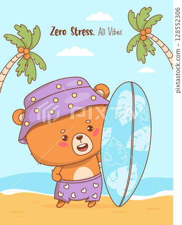 Cute summer bear surfer with board. Funny poster with Animal kawaii beach character vacation on sandy seashore with palm trees and cool slogan. Vector illustration. Not AI 128552306