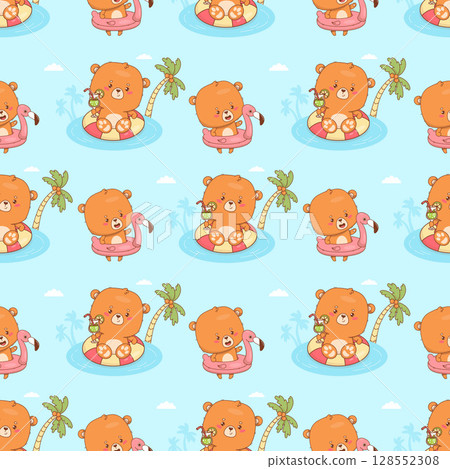 Seamless summer pattern with Cute bear relaxing in inflatable pool rings and flamingo floats on blue background. Funny Animal Beach kawaii character. Vector illustration. Kids collection. Not AI 128552308