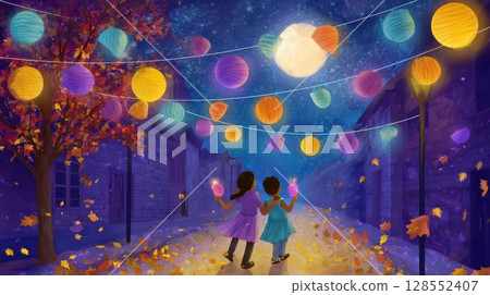 Children celebrating Mid-Autumn Festival with glowing paper lanterns on festive streets. 128552407