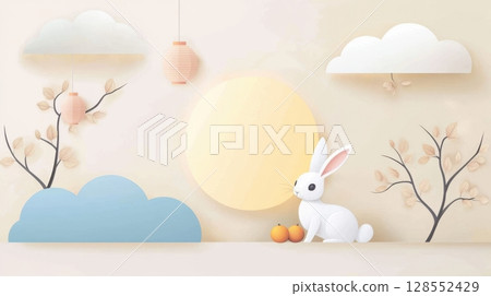 Beautiful design with moon, bunny and persimmon - perfect for greeting cards. 128552429