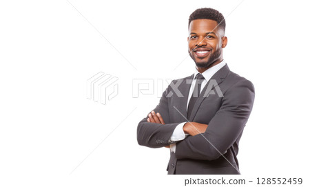 Afro male executive in suit with confident posture, standing against a white background - perfect for business, leadership, and corporate visuals. 128552459