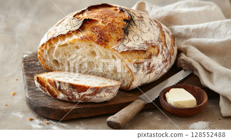 Traditional sourdough bread with golden crust and irregular holes, photographed in natural side lighting on rustic surfaces for a wholesome bakery look. 128552488
