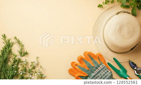 Aesthetic gardening essentials styled for slow outdoor living visuals. 128552561