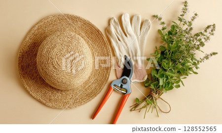 Gardening flatlay with straw hat, linen gloves and fresh herbs isolated on beige. 128552565