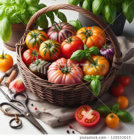 Minimalist food flatlay with rustic garden harvest elements. 128552615