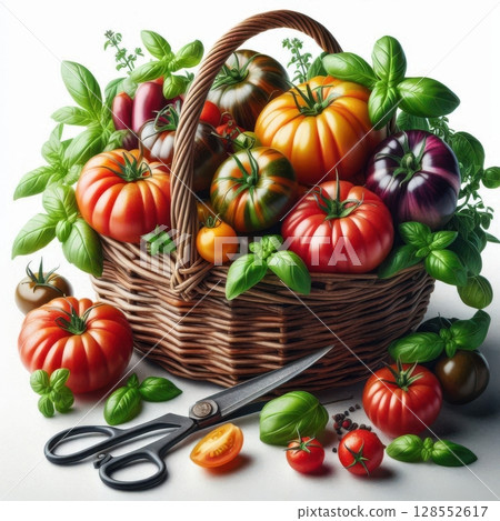 Minimalist food flatlay with rustic garden harvest elements. 128552617