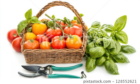 Isolated basket with heirloom tomatoes and basil for garden-to-table visuals. 128552621