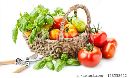 Isolated basket with heirloom tomatoes and basil for garden-to-table visuals. 128552622