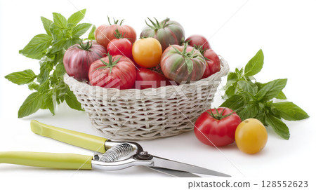 Isolated basket with heirloom tomatoes and basil for garden-to-table visuals. 128552623