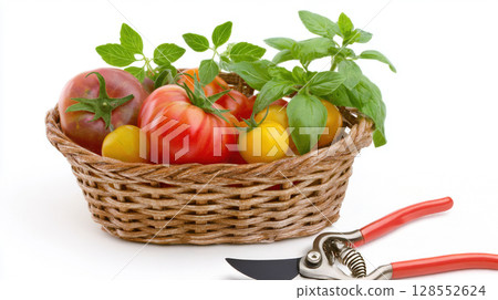 Basket of heirloom tomatoes, garden scissors and basil leaves isolated on white background 128552624
