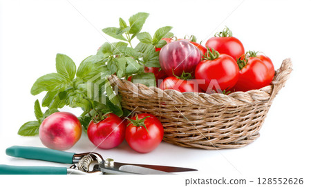 Basket of heirloom tomatoes, garden scissors and basil leaves isolated on white background 128552626