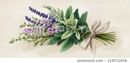 Hand-Drawn Herbal Bouquet of Lavender, Thyme, Sage, and Rosemary with Linen Ribbon on Cream Background 128552656