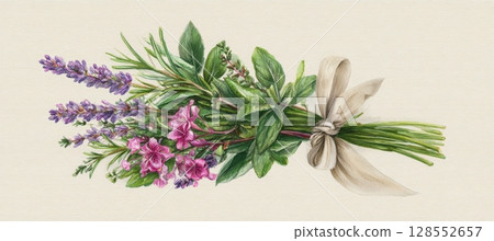 Hand-Drawn Herbal Bouquet of Lavender, Thyme, Sage, and Rosemary with Linen Ribbon on Cream Background 128552657