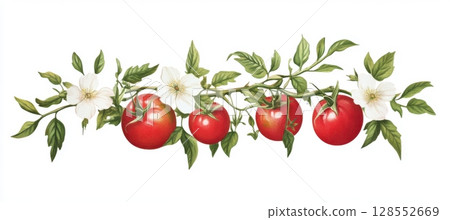 Close-up of a traditional tomato plant with lush foliage, old-fashioned vine, and blooming white flowers. 128552669
