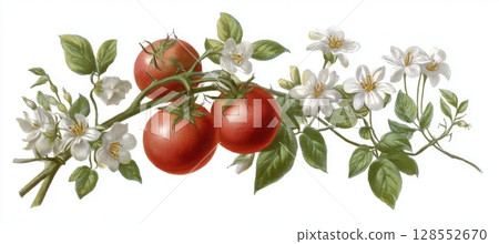 Vintage heirloom tomato vine with ripe red fruit and delicate white blossoms, captured in a rustic garden atmosphere. Vintage heirloom tomato vine with ripe red fruit and delicate white blossoms, captured in a rustic garden atmosphere. 128552670