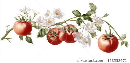 Vintage heirloom tomato vine with ripe red fruit and delicate white blossoms, captured in a rustic garden atmosphere. 128552671